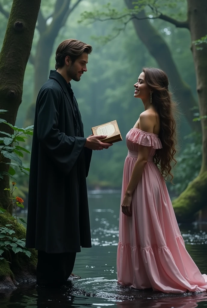 Caucasian male, by the black fluid, elegant black clothes, holding a book in his left hand, looking at a WOMAN, flowing brown hair, elegant pink dress, happy, Dark forest, Magic place.