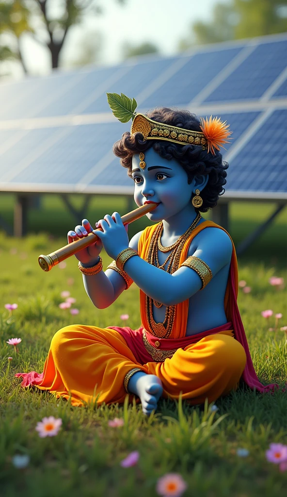 Lord Krishna, happy Janmashtami,  sitting playing flute in nature, background, of solar panels