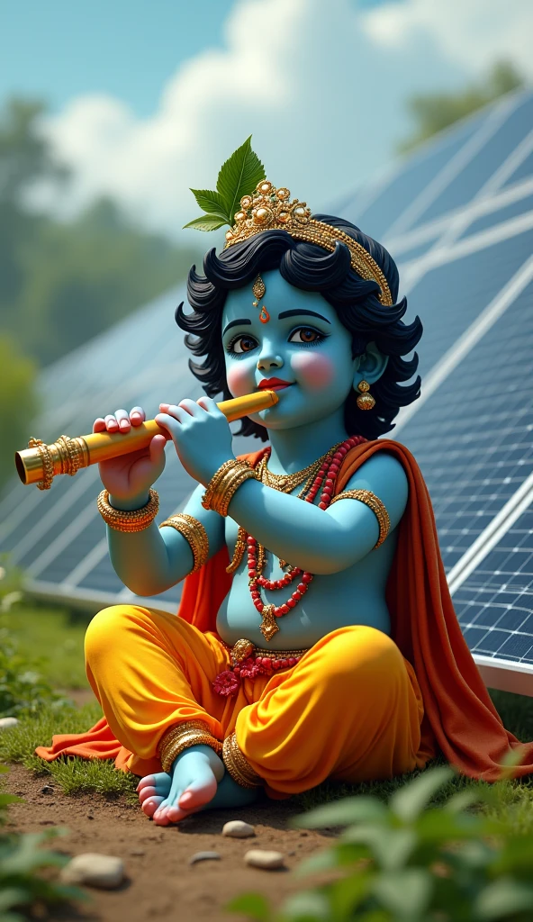 Lord Krishna, happy Janmashtami,  sitting playing flute in nature, background, of solar panels