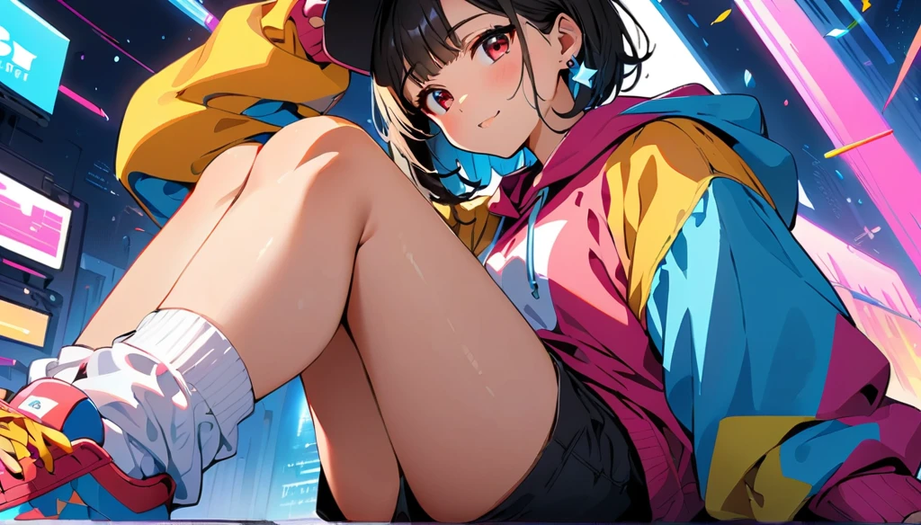 quality, 8k, 4K, High Contrast, masterpiece:1.2, 最high quality, Best aesthetics), ((1 female)),Sitting sideways on the ground, bright eyeshadow,((Super Short Hair)), (Futuristic Music Station Background), (Wearing a colorful hoodie.), ((Shorts)),(white super loose socks), Looking at the audience, Transparent Background, (Look at me), Sleepy eyes, High Contrast, Contrasting colors, Black Hair, Red eyes,, Small star-shaped earrings on both ears, ((Low angle shot)), Colorful baseball caps,Colorful sneakers,big 