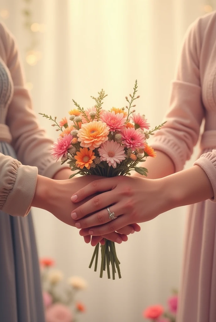 Two couple's  hands holding flowesr together art