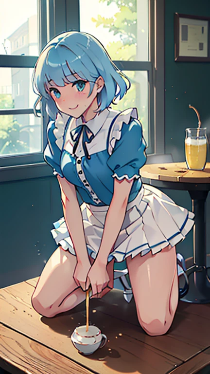 (from the front), Fisheye Lens, Beautiful , Curvy, Flat Chest, Small breasts，Underbust, (Kneeling on the round table), (On the table:1.5), (Leg spread), (Hot lemonade between my legs:1.3),Steam rising from hot lemonade， (Classic puffy short sleeve ruffled blouse), (Light blue mini skirt), (Button-down shirt), (Neck ribbon)+ Thighs, High heels, (View your viewers:1.5), (Embarrassing:1.3), (Smile), (vapor:1.3), (Girl trembling with sexual climax:1.3), Mid-length hair, Light blue hair,Bobcut, Wavy Hair, Glowing Skin, (coffee shop), window, morning, (crowd:1.3), (masterpiece, Highest quality, High resolution:1.3), Perfect Anatomy