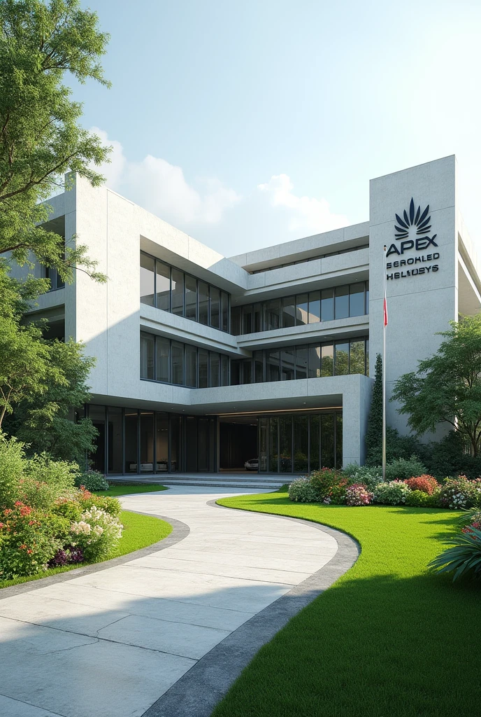 Create a building in Singapore with serene environment,with compound with grass and flowers with a very digital driveway.The building is written Apex Global Holdings Embassy and it has a flag too on the ground very near to the building.I can't see the writings and full view where is the the sentence Apex Global Holdings Embassy I want a concrete structure written Apex Global Holdings Embassy