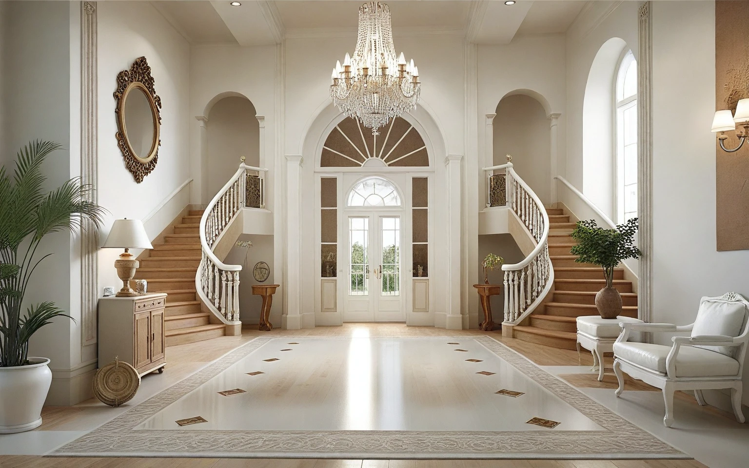 RAW photo, masterpiece, a view of a ( living ROOM :1.3) with a couch, chairs, and a chandelier, highly detailed interior, neo - classical style, neoclassical style, neoclassicism style, interior architect architectural visualization, neoclassical style, in style of classicism, white light sun, rendered in vray, rendered in v-ray, rendered in unreal engine 3d, (photorealistic:1.2), (photorealistic:1.5), best quality, ultra high res, architechture, (leather sofa detail:1.5), neoclassic house, (detailed railing neoclassic:1.5), luxury neoclassical villa, (mable floor details:1.5), (detailed neoclassical carpet:1.5), in the style of neoclassical scene, glass windows, best quality, (Intricate lines:1.5), ((Photorealism:1.5)),(((hyper detail:1.5))), archdaily, award winning design, (dynamic light:1.3), (day light:1.2), (perfect light:1.3), (shimering light :1.4), refection glass windows, (curved line architecture arch:1.2), photorealistic, FKAA, TXAA, RTX, SSAO, Post Processing, Post-Production, CGI, VFX, SFX, Full color,((Unreal Engine 5)), Canon EOS R5 Camera + Lens RF 45MP full-frame CMOS sensor, HDR, Realistic, Cinematic intricate detail, extreme detail, science, hyper-detail, FKAA, super detail, super realistic, crazy detail, intricate detail, nice color grading, reflected light on glass, eye-catching wall lights, unreal engine 5, octane render, cinematic, trending on artstation, High-fidelity, Viwvid, Crisp, Sharp, Bright, Stunning, ((Lifelike)), Natural, ((Eye-catching)), Illuminating, Flawless, High-quality,Sharp edge rendering, medium soft lighting, photographic render, detailed archviz, ((( BRIGHT WHITE  Tone : 5 ))), (( LIGHT NATURAL reddish-brown doussie wood ))
