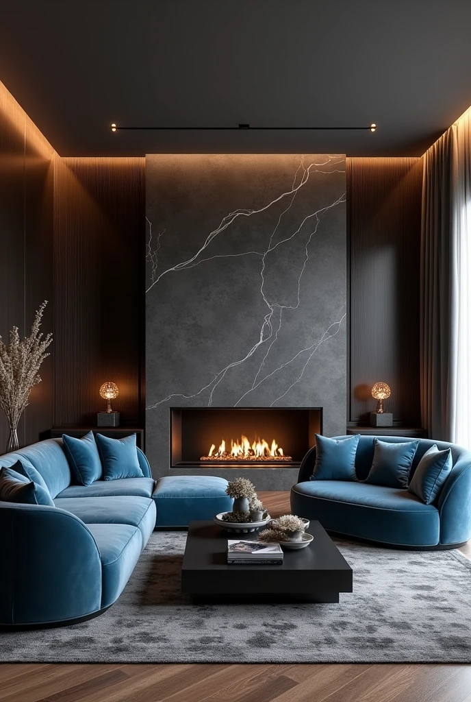 Professional 3d architecture rendering design of modern  living room with  so dark  gray   and dark beige and  so dark vintage blue floranca velvet sofa  set and medium  flouting  dark gray marble fireplace and brown laminate and elegant and modern accessories and modern windows and black slab stone middle table and elegant ceiling lighting and elegant accessories and elegant  dark gray Persian carpet 