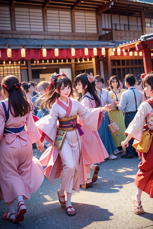 (Japan Bon Odori,最高masterpiece,Highest quality), Hot August,Bright vibrant anime art,People of all ages and genders dance and dance, Let&#39;s dance in yukata,Laughing and dancing, Showing white teeth,Men and women dance in a circle, masterpiece,Highest quality,High resolution,