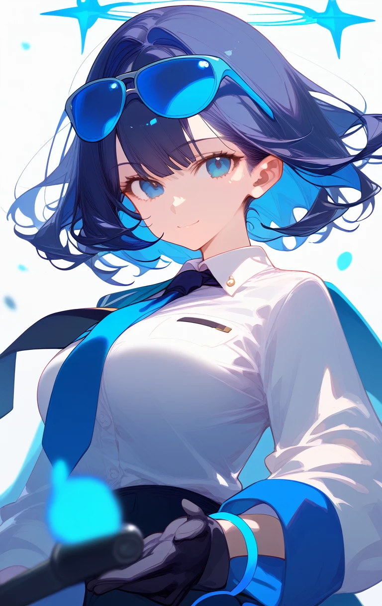,1girl, solo blue cyan short hair, big breasts, dark hair, smile, looking at viewer simple background, shirt, gloves, long sleeves, white background, holding, medium breasts, closed mouth, white shirt, black gloves, blurry, halo, sunglasses, BLUE hair black necktie, eyewear on head, dual wielding gorgeous, studio anime,award-winning, professional, highly, Sitting pose detailed,high budget, cinemascope, blue hair, Sitting pose, dark blue hair