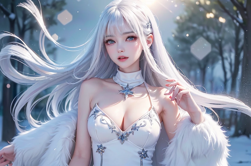 (close)((masterpiece:1.5、8k、Tabletop、Photorealistic and very detailed CG、Very detailed、Particle Effects、Dynamic Effects、Written boundary depth、Cinematic Light、Lens flare、Ray Tracing、Tabletop、Realistic:1.4、超A high resolution、Realistic、Realistic))((alone、Woman in fur coat:1.4、turtleneck、Exposing shoulders、Elegant woman posing、Detailed face、brightexpression、young, bright, Whiter skin、Medium Beauty Breasts、Best Looks、Ultimate beauty、White hair with Shiny highlights、bright, Shiny, Super long straight hair、Hair dancing in the wind))(morning、The setting is outdoors in the snow、snowflakes fluttering)