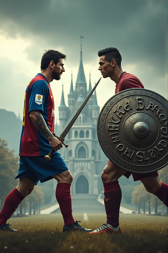 Messi with sword Ronaldo with shield