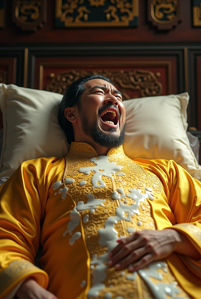 creating an image of a emperor, lying in bed, with his golden dragon robe, painfully covering his lower body because is wet by milky white fluid. His eyes were wide open, his mouth wide open with difficulty breathing. Chinese style