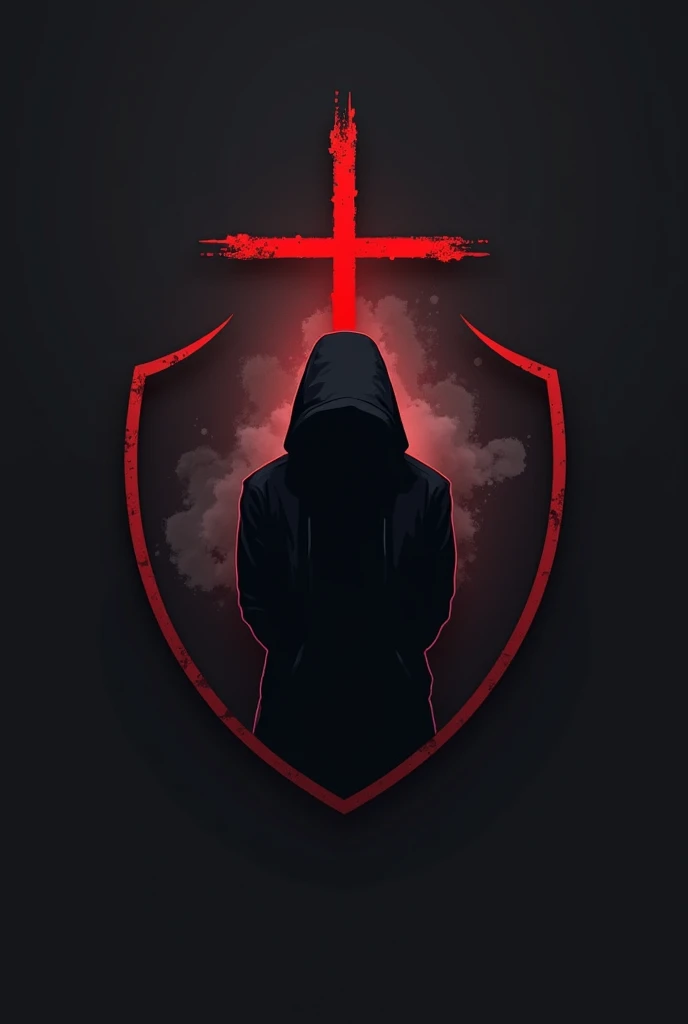Tim esports logo, The logo is in the form of a shield or circle to symbolize defense., but not a hero. Inside, there is a silhouette of a man who is seen bowing his head, with hands behind, like he's stalking or trying to interfere. Above this man's silhouette, there is a cross or slash symbol to indicate rejection of the behavior.The base color can be black or dark gray., with a sharp red accent for the cross or slash marks. It symbolizes firmness and refusal.. If you like, You can add a faint shadow in the background to give a mysterious impression., in accordance with the nature of 'heroes' who like to intervene.