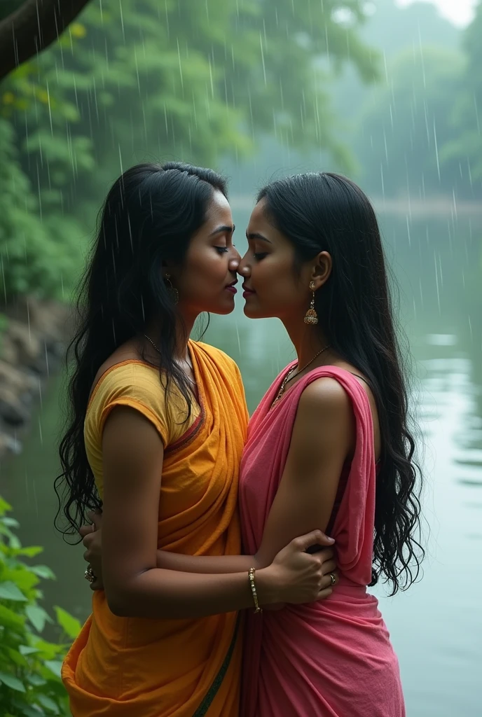 two bengali girl
kissing beside bangladeshi
river. raining