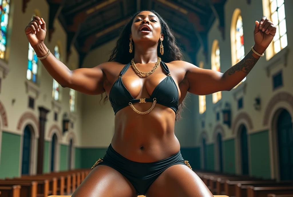 ((black African woman:1.4)) ((in a church:1.4)),((there is an audience and crowd in the church:1.4)), large breasts size, large breasts, with large breasts, uncovered nsfw huge breasts, nsfw huge breasts, big breasts, big breasts!, ((she is wearing a transparent tank top:1.2)), extremely plump, with a large breasts, fat woman, sie boob, big breasts!!, cleavage, ((exposed breasts:1.2)), ((extreme bulging cleavage:1.1)), ((black nipples and areolas)),((she is wearing heavy makeup, dark, bright red lipstick, a large cross pendant,clergy collar,and tattoos)),  she has ((triple Wide,fat,hanging inflated,ballooned, exaggerated,larger-than-life, oversize, crowded,gargantuan,meaty,breasts hanging down to her stomach:1.2)), she has an ((insanely hairy crotch pubic and pussy:1.2)), extremely hairy pussy, hairy pubic, ((hairy crotch in frame)), Hairy vagina is fully exposed,(((fully exposed lower extremities:1.2)))