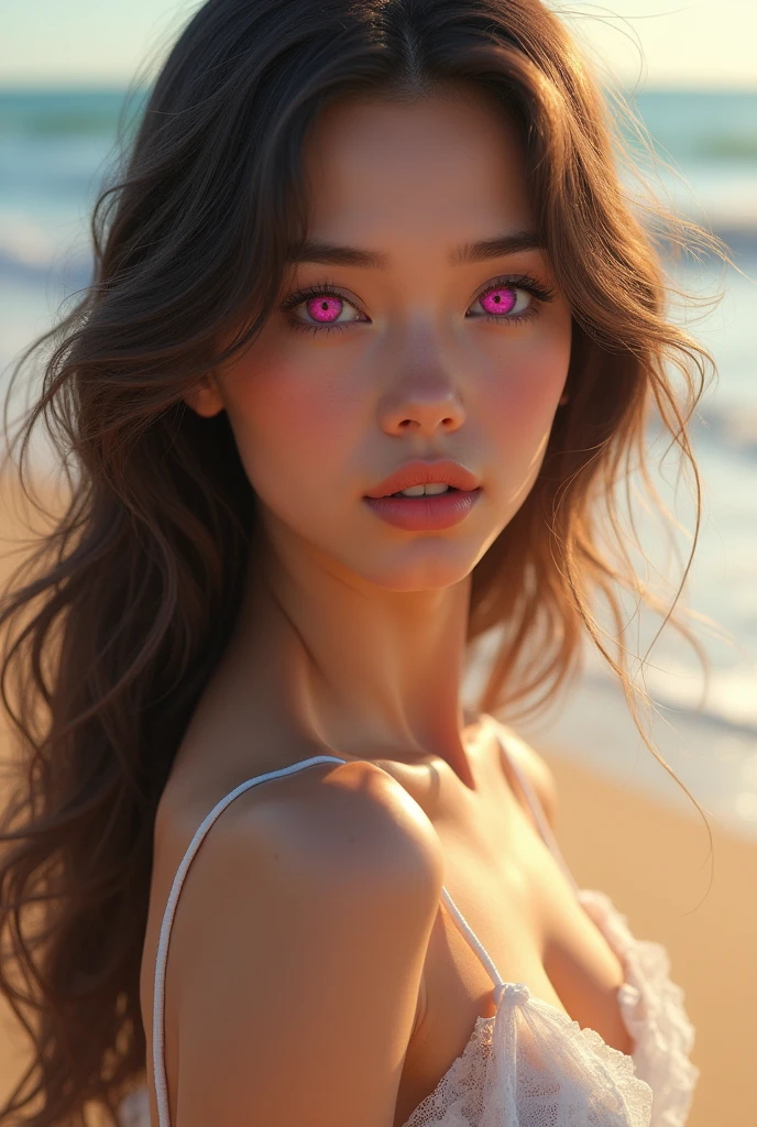 masterpiece, high resolution, best quality, Very detailed, pink eyes, beautiful woman, no wearing dress，beach，long hair