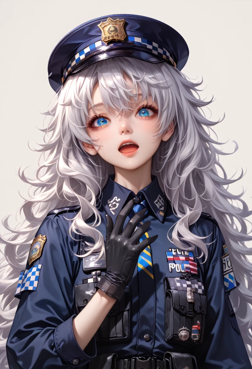 1girl, character: poli (nikke), blue eyes, highres, white hair, policewoman, very long hair, police hat, open mouth, looking at viewer, simple background, wavy hair, sidelocks, long hair, white background, black gloves, grey hair,score_9, score_8_up,score_7_up, masterpiece, best quality, perfect anatomy, very aesthetic, 8k