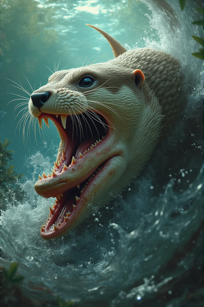 Otter bites barracuda fish