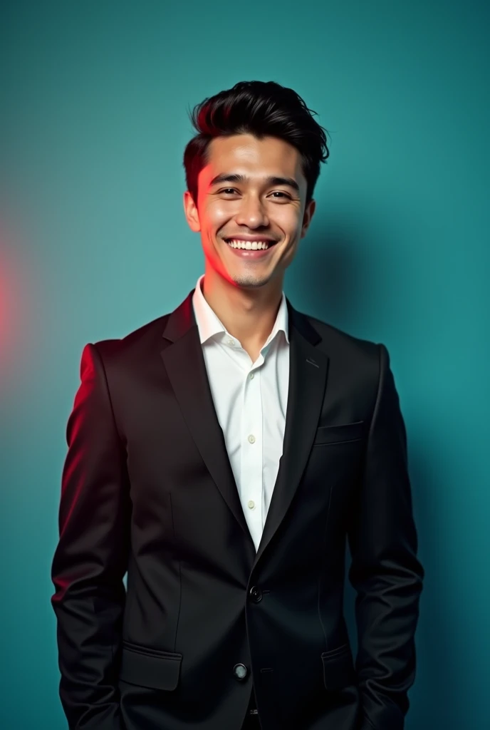 A young man with dark stylish hair and a confident smile Anemi character . He is dressed in a black blazer over a white shirt. The man is positioned against aqua colour backdrop with a subtle red lighting on the left side. and he posing for Linkedin profile