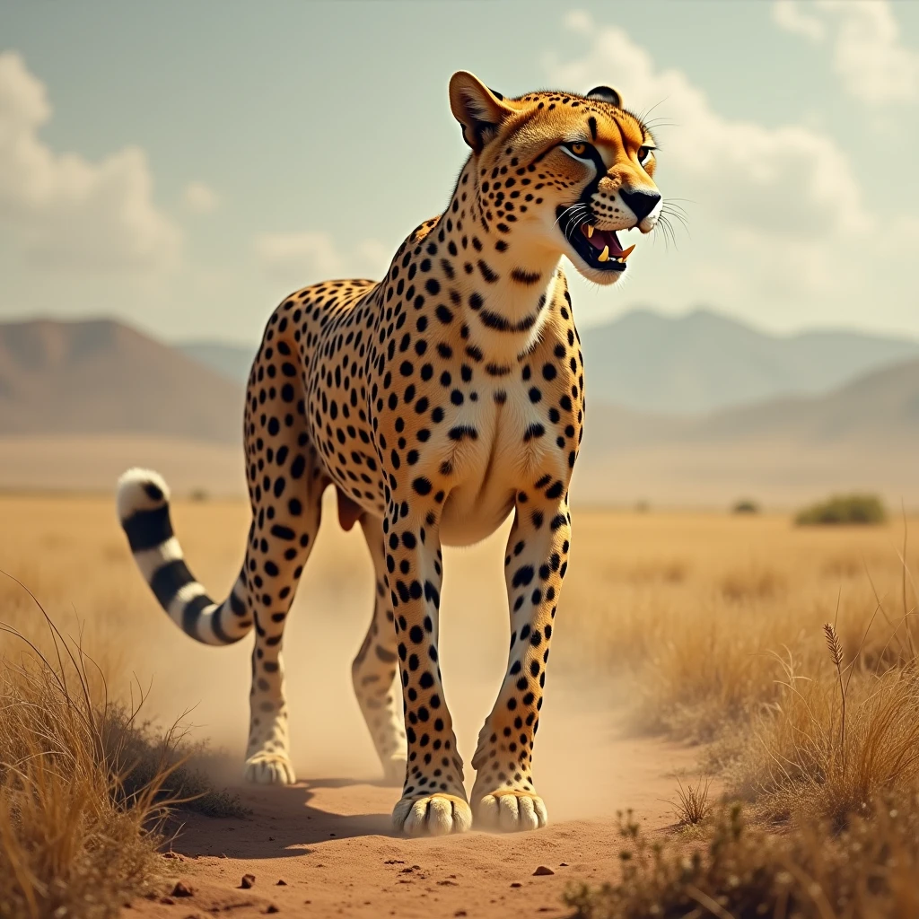 Powerful realistic cheetah stands triumphantly on a dusty African savanna, with mouth open
