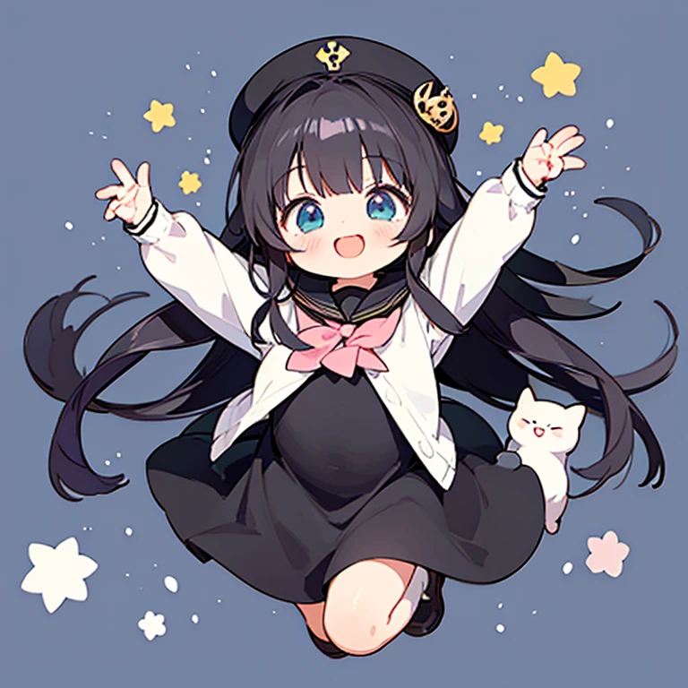 1people、Happy atmosphere,Cute Style,Cute cartoon,round background,masterpiece Long black hair Cute Characters Anime Style Charm High resolution delicate university student whole body