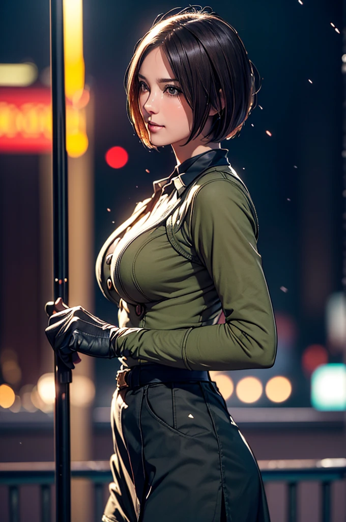 (at night), in a video game scene in the background, a beautiful city at night, raining, alone, standing looking straight ahead, military clothing with military green skirt and pants, black gloves, semi-short hair, ((semi-short hair)), 1 girl, 30 years old, young woman, perfect hands, Beautiful fingers, Beautiful long legs, Beautiful body, Beautiful nose, Beautiful character design, perfect face, looking straight at the viewer with a serious gesture, very upset looking at the viewer, she has a black whip in her hand (focusing on her face), closed mouth, smile_light, official art, extremely detailed CG unity 8k wallpaper, perfect lighting, bright and colorful front lighting, skin glossy (masterpiece: 1.0), (best_quality: 1.0), ultra high resolution, 4k, ultra detailed photography, 8K, hdr, high resolution, nonsense:1.2, Kodak portrait 400, film grain, blurred background, bokeh:1.2 , Lens flare, (vibrant_color:1.2), professional photography, (Beautiful, breasts: 1.4), (Beautiful_face: 1.5), (narrow waist),
