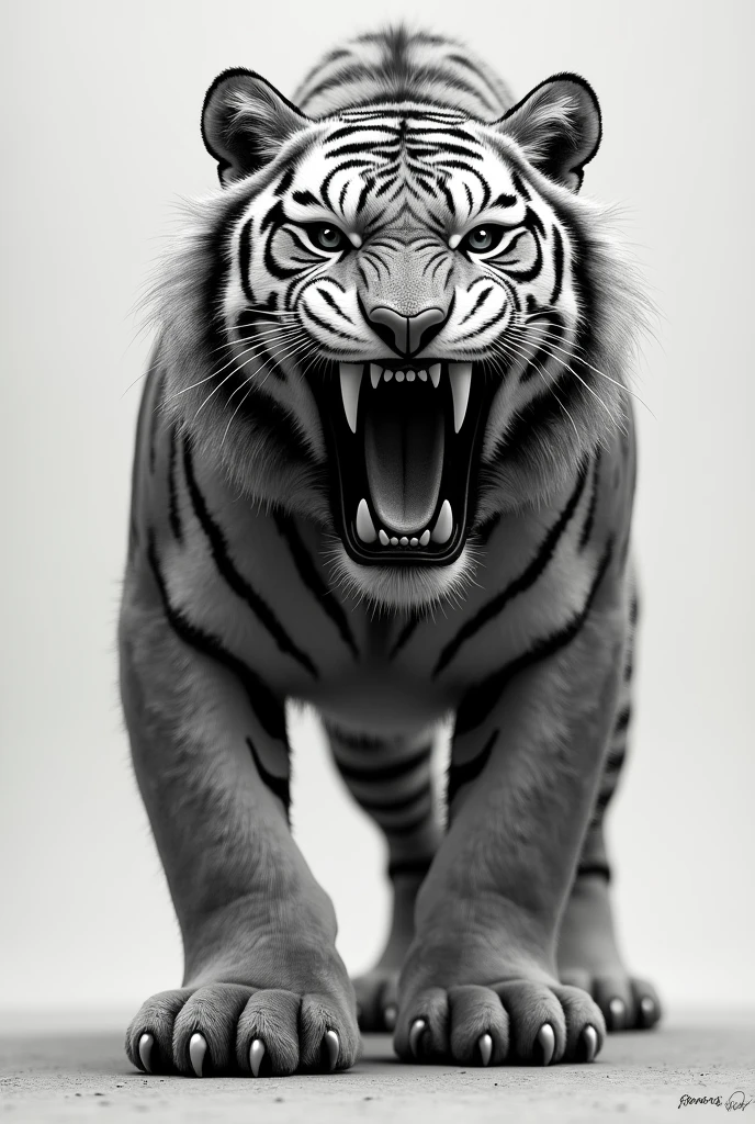 Please create an image of a black and white saber-toothed tiger facing forward and roaring , I want the face of the saber-toothed tiger to be detailed.