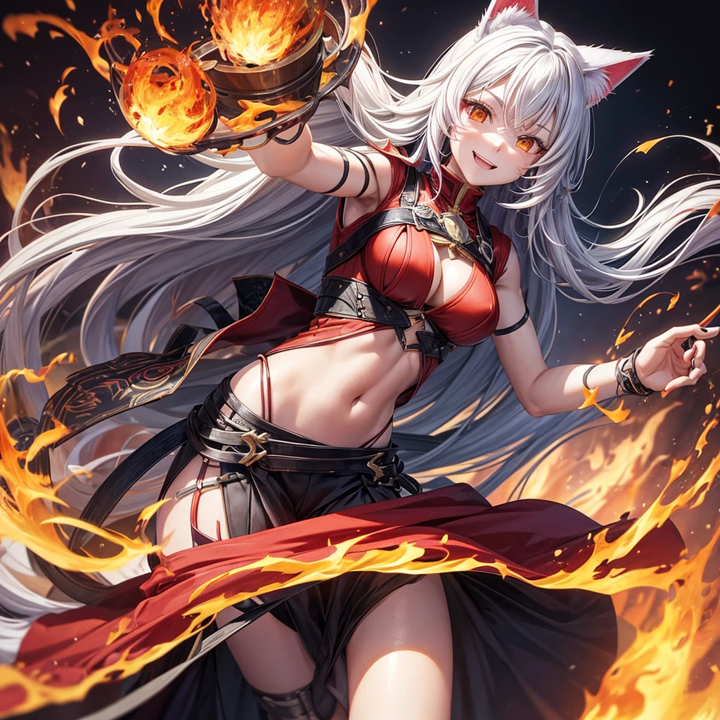 Purgatory Anjuro,human,Long-haired,Red and yellow hair,warrior,Clothed in flames, Cat ear、Silver Hair、3DCG、3D Rendering、Captivating body、Energetic、Large Breasts、A seductive smile、Moving lines。