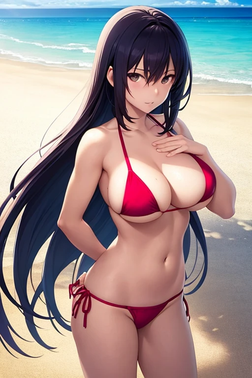 anime girl in a bikini standing on the beach with her hands on her hips, seductive anime girl, realistic bikini, attractive anime girl, beautiful alluring anime woman, beautiful alluring anime , is wearing a swimsuit, swimsuit, at a beach, ecchi anime style, at the beach, in a bikini, smooth anime cg art, anime visual of a cute girl