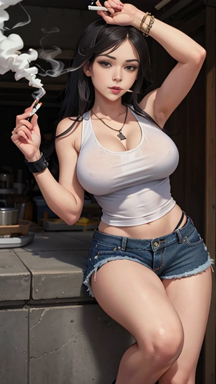 Highest quality,high resolution,２d,(Cel animation style),One woman,30 year old Asian female,(Straight long black hair),((Black tank top)),((Denim shorts)),((1 with a pistol in each hand.3)),(Skull Necklace),Black sneakers,(Beautiful face with slits 1.3)，Black wristband on left wrist,Beautiful Style,Glamorous Body,(Large Breasts),(((Holding a cigarette)))