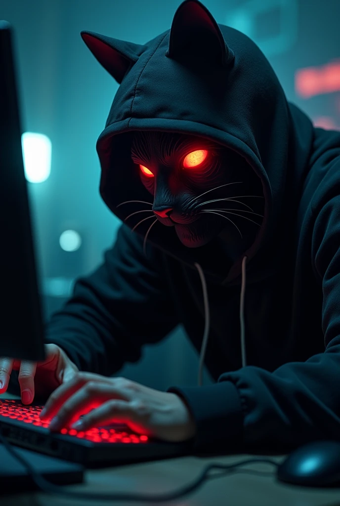 It's a hooded, stocky person sitting using his hacker computer wearing a cat mask with red eyes with black pupils