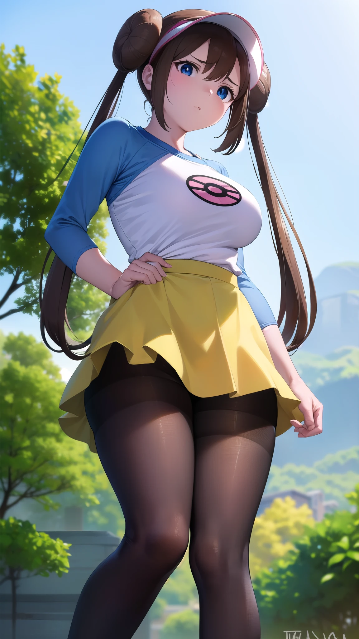 Rosa, Rosa, Brown Hair, Double Bang, doughnut Hair Bun, Hair Bun, blue eyes, Hair between the eyes, Twin tails, Large Breasts, Open your mouth,
break pantyhose, (Pantyhose under shorts), Raglan sleeves, skirt, (yellow skirt), White shirt, Blue Sleeves, Long sleeve, Visor Cap,
break looking at viewer, Upper Body, whole body,
break outdoors,
break (masterpiece:1.2), Highest quality, High resolution, unity 8k wallpaper, (shape:0.8), (Beautiful attention to detail:1.6), Highly detailed face, Perfect lighting, Extremely detailed CG, (Perfect hands, Perfect Anatomy),((((Sick of it)))),Pussy Line,(From below),