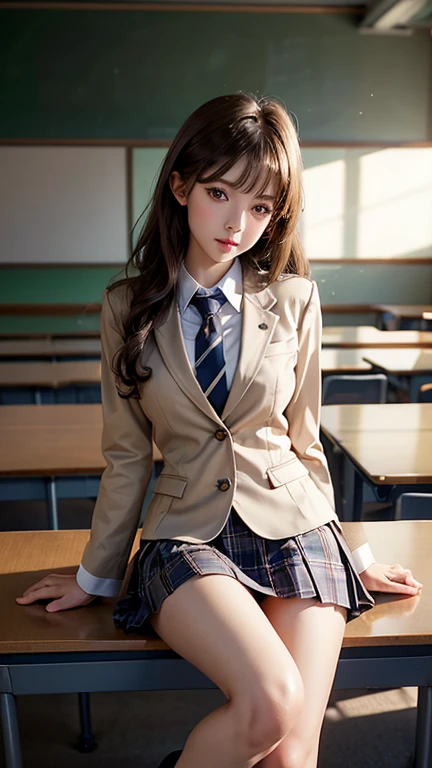 Product quality,1 person,Low Angle,(Realistic),Young and cute Japan,Daytime, ((High school classroom:1.2)),Schoolgirl uniform,blazer,tie,Plaid,Blue Micro Mini Skirt,Very cute face,Glossy Lips,Beautiful big eyes,Brown eyes,Double eyelids on both eyes,(Natural Makeup),shiny smooth light brown long hair,,,,Asymmetrical bangs,Center image,8k resolution,Attention to detail,Detailed hairstyle,Detailed face,Cinema Lighting,Octane Rendering,Ultra-realistic,Perfect limbs,Beautiful feet,Slim thighs,((Bust A cup)),Perfect Anatomy,Bold sexy pose,Burning idol pose
