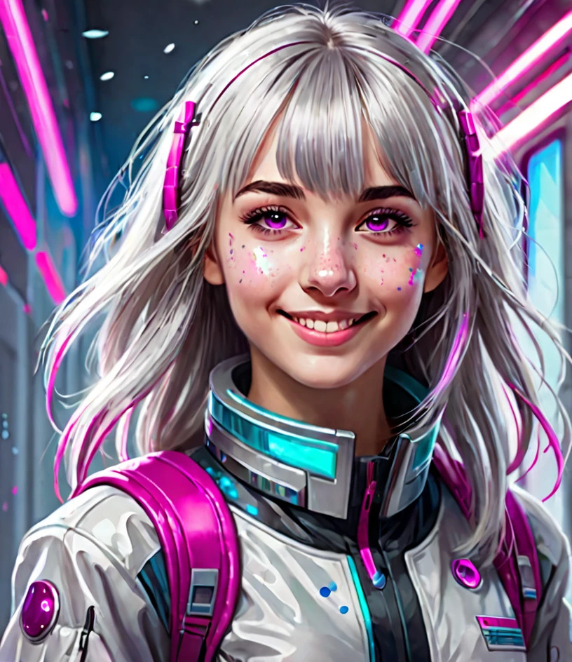 Illustration-style portrait of a cute teenage girl, with straight silver hair, short and medium bangs, splattered nose, with fuchsia eyes. Cute and smiling look. Medical student in a futuristic science fiction world 