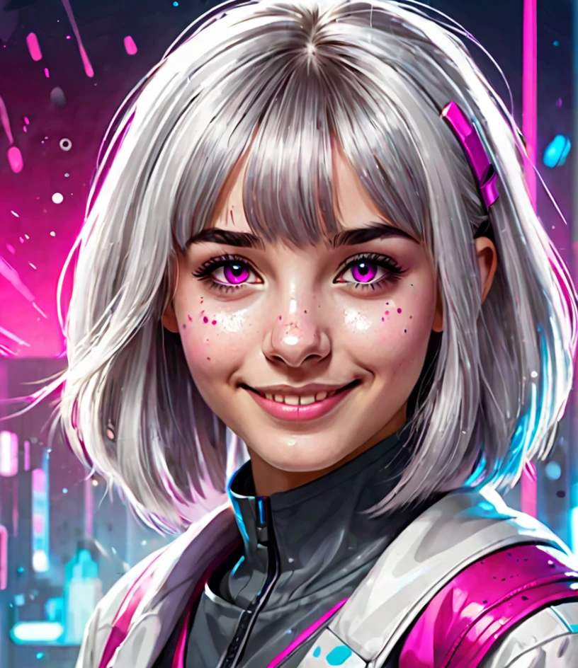 Illustration-style portrait of a cute teenage girl, with straight silver hair, short and medium bangs, splattered nose, with fuchsia eyes. Cute and smiling look. Medical student in a futuristic science fiction world 