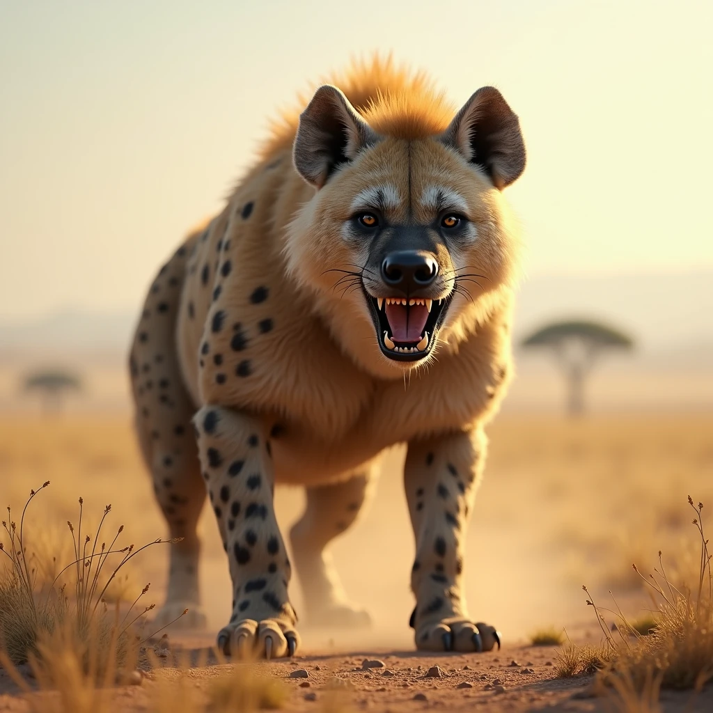Powerful hyenas stands triumphantly on a dusty African savanna, with mouth open