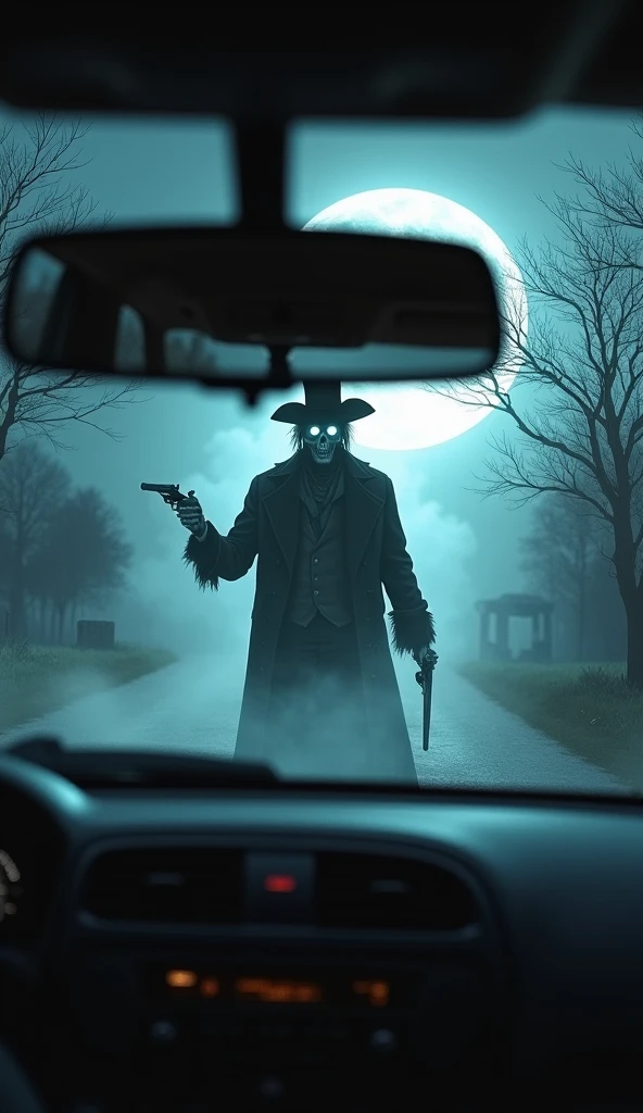 The ghostly figure of the highwayman appearing in a rearview mirror, his form growing clearer as he approaches