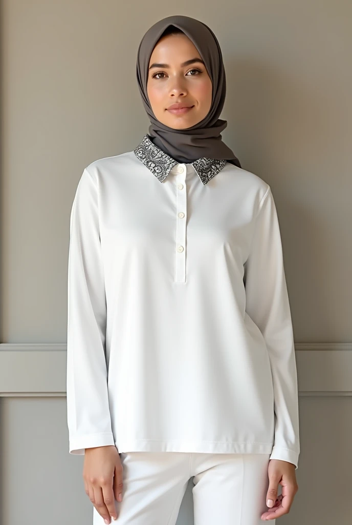 "Create an image of a plain white long-sleeve women's polo shirt designed for hijab wearers, with a batik pattern on the collar, set against a framed background. Focus solely on the shirt without any person wearing it."
POLO SHIRT NOT KEMEJA