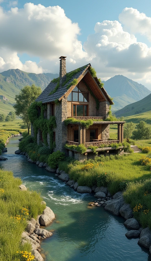 A 3d beautiful raw house on edge of river grass on walls grassy land plants flowers trees clouds in sky