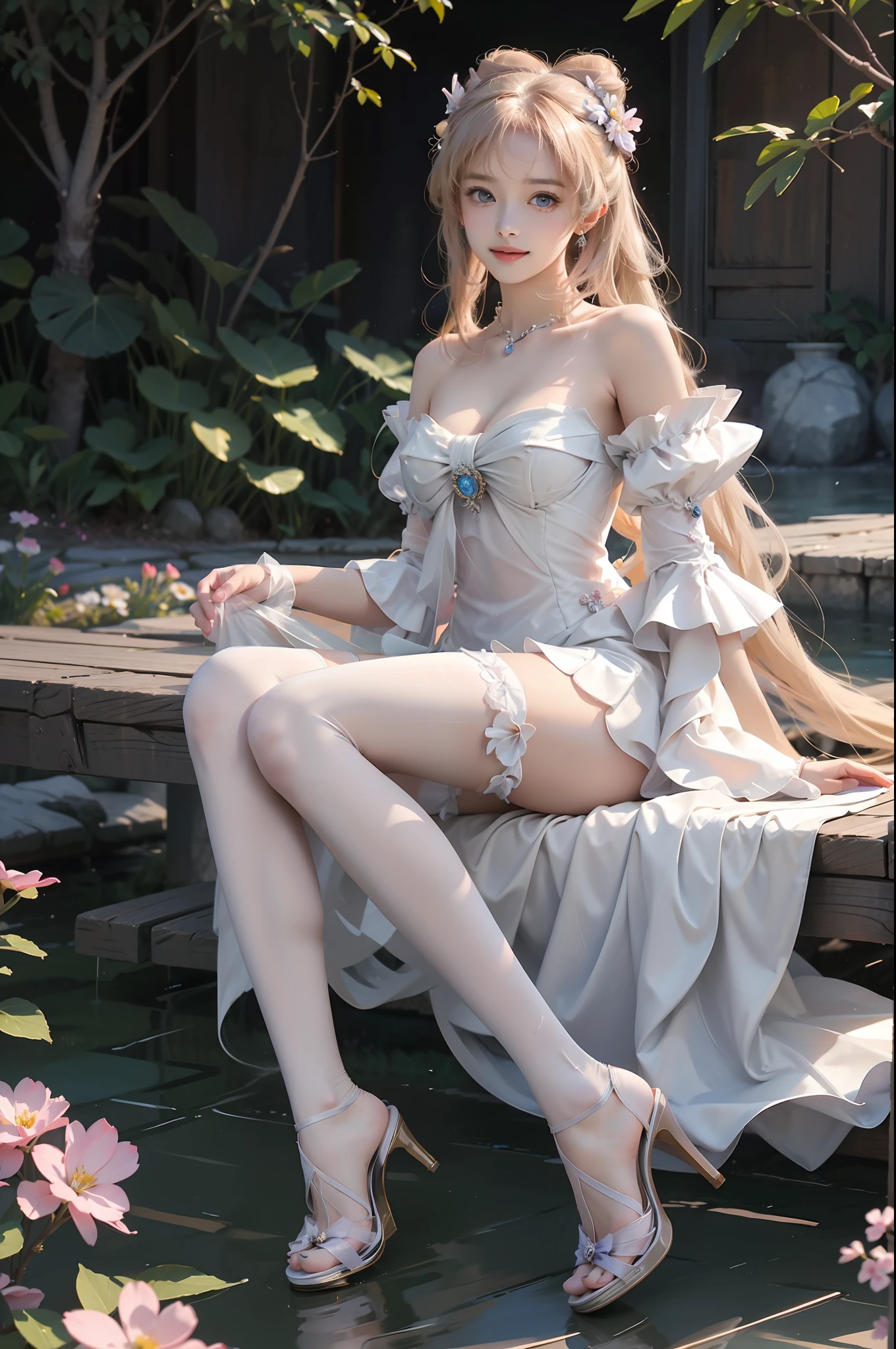 sangonomiya kokomi,hair ornament,white pantyhose,white half gloves,frilled sleeves,bow-shaped hair,bow,detached collar,sandals,white panties,1girl,独奏,widesleeves,longhair,purple eyes（(Girl lying in flowers))、Many flowers，Lots of scattered petals，A beautiful and charming woman, Elegantly, Her plump breasts are on display.，Visible cleavage，Sexy long legs，Various slim and lovely beauties, Her long hair cascades down like a waterfall。She smiled brightly，Eyes sparkling，Her skin is flawless。Her curves are highlighted。Shine in the light，The color is pastel，She lay confidently，One hand on hip，Her posture is both graceful and strong.。She wore elegant high heels，It matches her outfit very well。In the warm golden sun。The overall mood of the picture is tranquil and uplifting，Emphasis on natural beauty and elegance, Studio Lighting,Vibrant colors, Cute girl, sweet smile, cosmetic，Shy，blush，Open your mouth，Heavy breathing，moan，超realism，realism，Movie Lighting，comfort，Sony FE GM，Retina，masterpiece，precise，Anatomically correct，Textured Skin，Super Detail，High Detail，best quality，Colorful