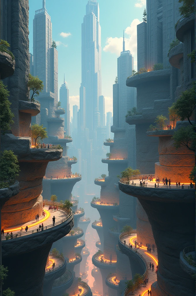 Surreal Cityscape: "A city where skyscrapers twist and bend like soft clay, with streets that spiral upward into the clouds. The sky is filled with floating islands, and people walk on glowing pathways suspended in mid-air, blending the lines between reality and dream."