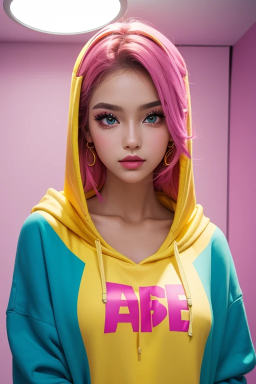 1 girl, , cute, beautiful, fashion model, beautiful and bright makeup, heavy makeup, bold makeup, cute colours, bright colours, heavy makeup, upper body shot, oversized hoodie, shoulder less, soft light, studio light, cinematic light,