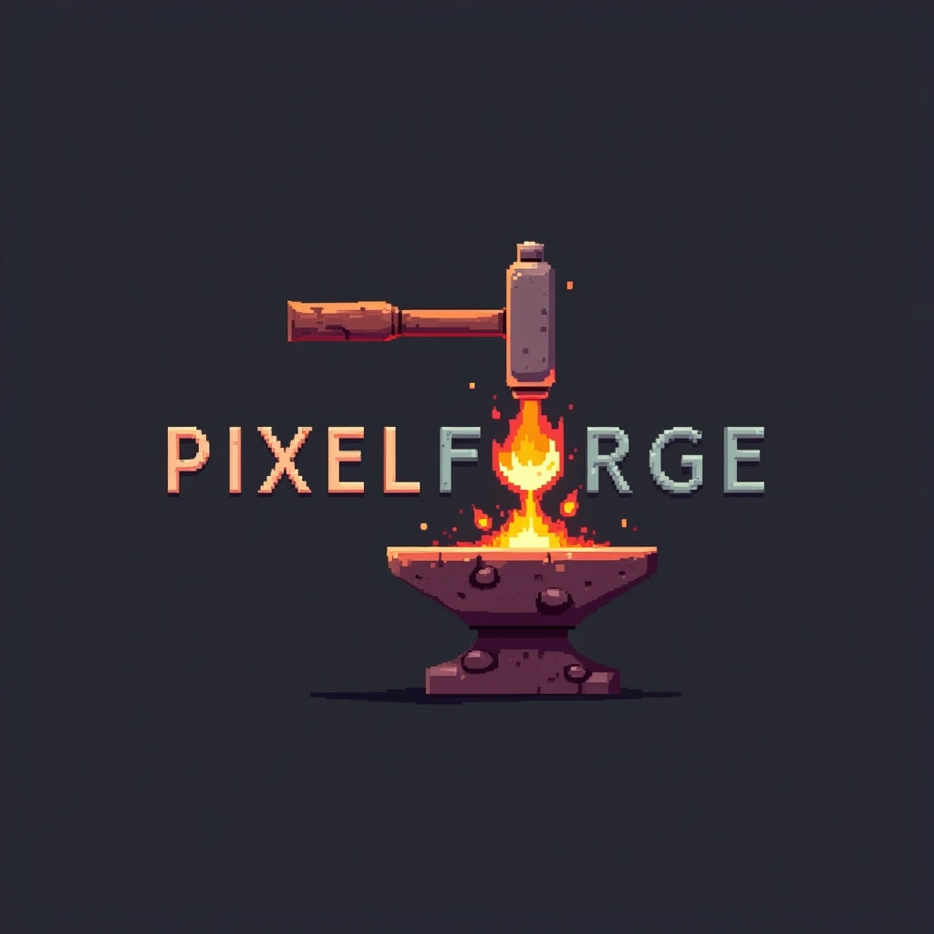 A logo with the text "PixelForge Studio". The hammer is striking a red-hot piece of metal on an anvil. The background is a dark grey colour. 8bit pixelated art