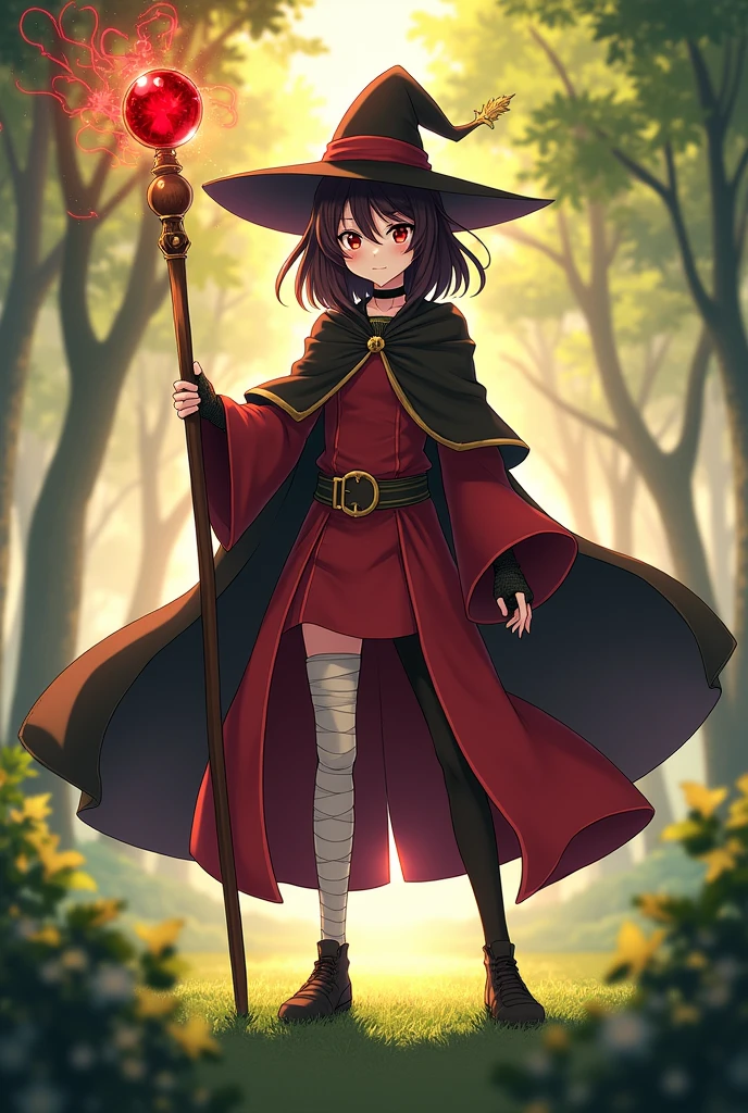 Sure! Here’s a prompt for the scene featuring Megumin:
---
**Megumin stands alone in a lush green forest, bathed in the soft light of a setting sun. Her shoulder-length dark brown hair, appearing almost black, sways gently with the breeze. Her oddly languid crimson-colored eyes glimmer with a mix of mischief and determination. Her fair, doll-like features contrast with the intensity in her gaze.**
**She is dressed in her signature classical witch attire: a flowing black cloak with a gold-trimmed hem drapes over her red robe, which reaches down to her knees. The robe is adorned with golden borders and trimmings, highlighting her slender figure. Orange boots with gold accents cover her feet, matching the gold borders on her black wizard’s hat, which is perched atop her head, slightly tilted to one side. A black choker circles her neck, and a belt wraps around her waist, slightly loose. She wears fingerless black gloves that reveal her delicate fingers, now gripping a long brown staff.**
**The staff, with a floating red gem at the top, is held firmly in her right hand, raised high above her head. Her right leg is wrapped in white bandages, contrasting with the black stocking on her left leg, and she stands in a wide stance as if readying herself for something grand. Her lips are curved into a confident, almost manic smile, as if she is about to unleash her greatest spell.**
**In this moment, Megumin is about to cast her signature Explosion magic. The forest around her trembles in anticipation, leaves rustling as she channels her immense power. Her eyes narrow, focusing on a distant point, her entire being radiating an aura of raw, unbridled energy.**
---
This scene captures Megumin's personality, her iconic appearance, and her love for Explosion magic.