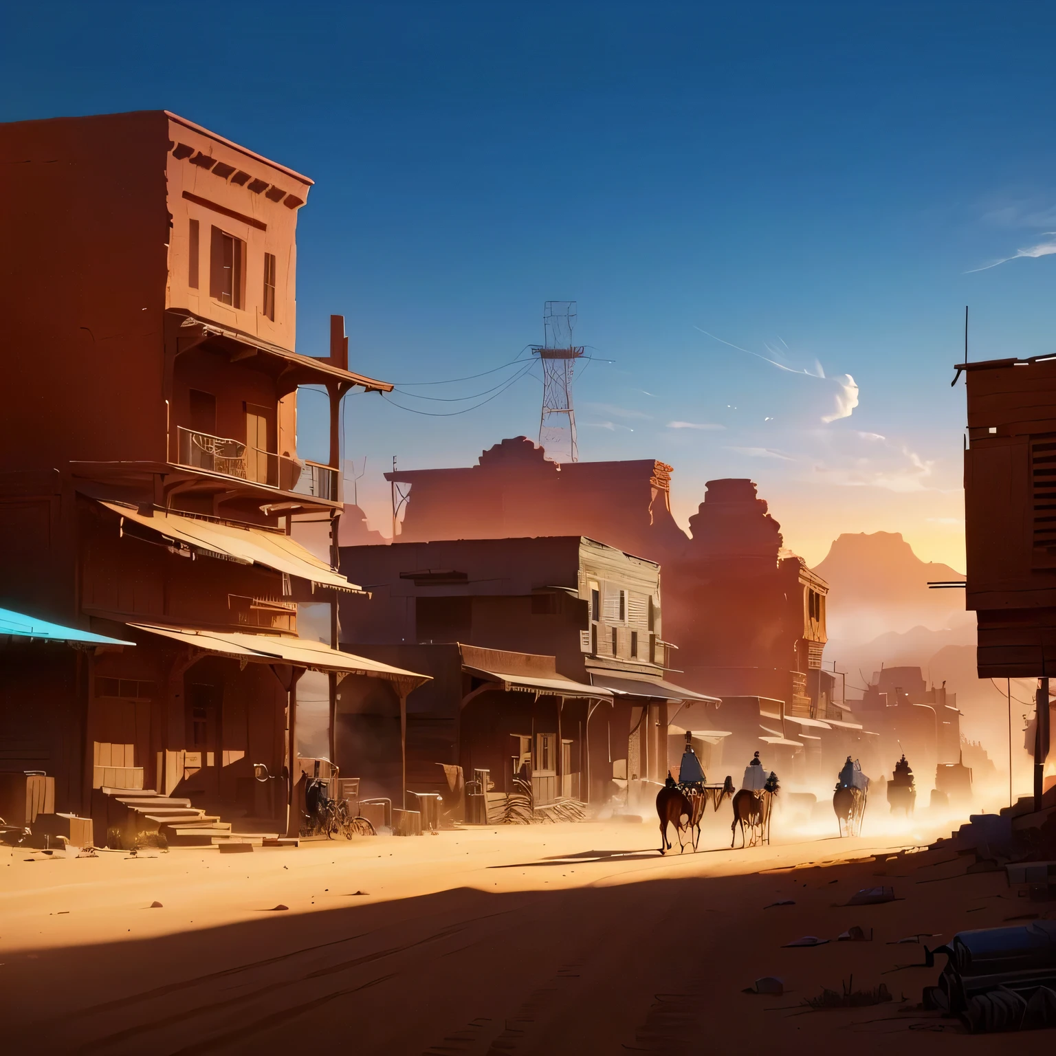 Cowboys are riding their horses along a dirt road in a small town, Cyberpunk Wild West, Western Town, Walking in the Wild West, 4k Wild West, The Old West, The Old West, The Old West town, author：Alexander Jean, author：Raphael Lacoste, Desert City, inspired author：Raphael Lacoste, Red Dead Redemption Art Style, Martin Raphael Lacoste, Space West