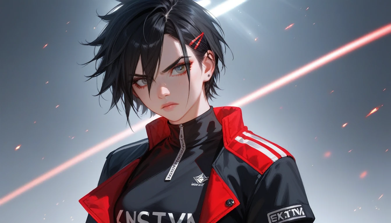 A serious, badass anime girl with short black hair, styled in a streetwear fashion. She wears a stylish hair clip. The scene captures her intense gaze and confident posture, with a gritty urban background to emphasize her tough, no-nonsense attitude. The overall vibe is modern, edgy, and powerful, blending high-contrast lighting with subtle, realistic details.