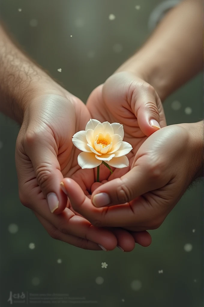 Male and female hands holding flower together art 
