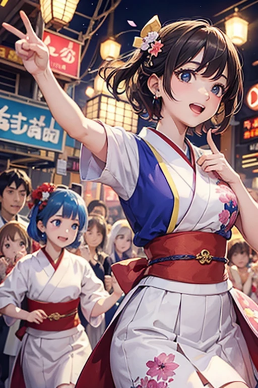 (Japan Bon Odori,最高masterpiece,Highest quality), Hot August,Bright vibrant anime art,People of all ages and genders dance and dance, Let&#39;s dance in yukata,Laughing and dancing, Showing white teeth,Men and women dance in a circle, masterpiece,Highest quality,High resolution,