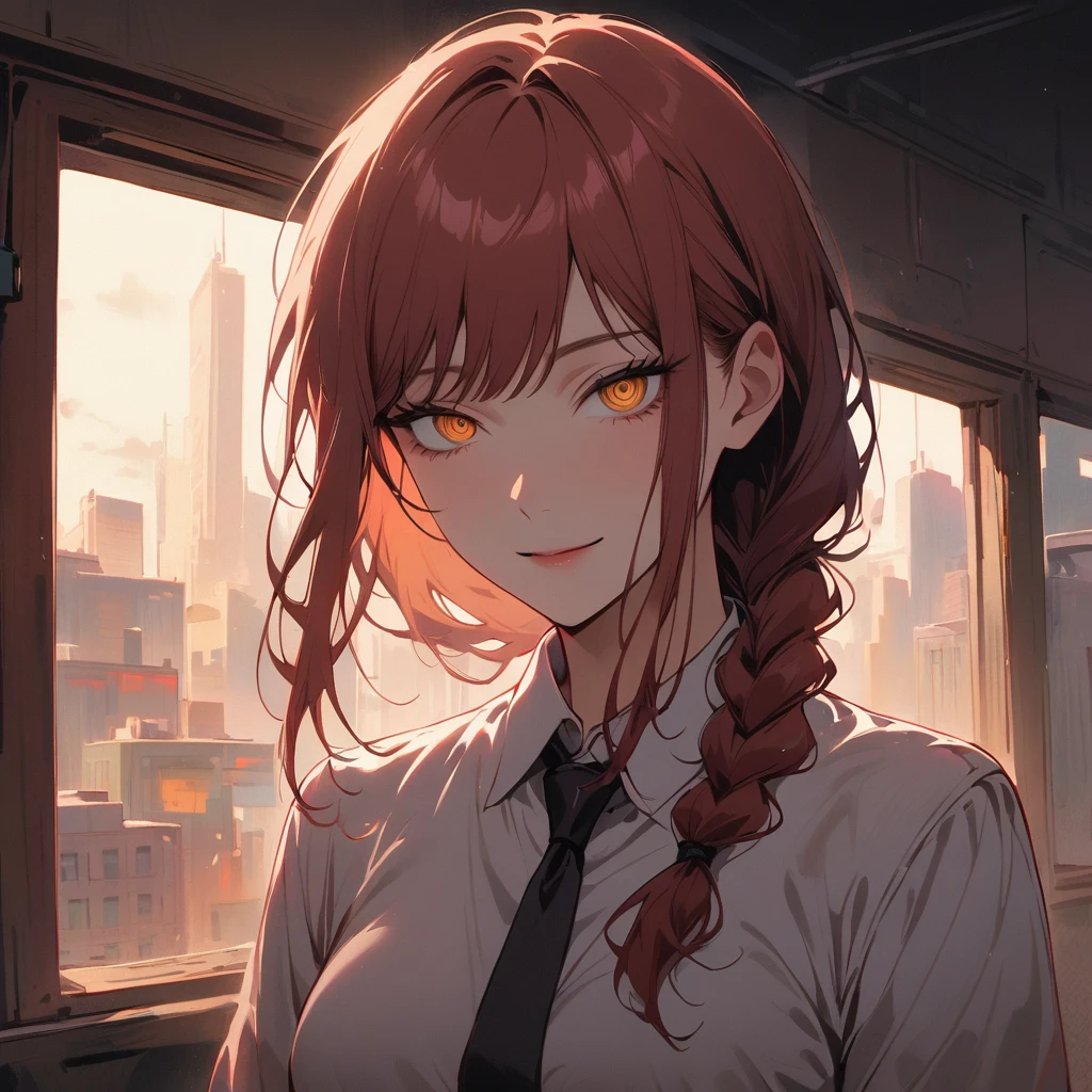 1girl, makima (chainsaw man), solo, ringed eyes, shirt, looking at viewer, yellow eyes, smile, white shirt, red hair, window, collared shirt, bangs, light smile, braided ponytail, medium hair, indoors, business suit, braid, long sleeves, upper body, formal, sidelocks, necktie