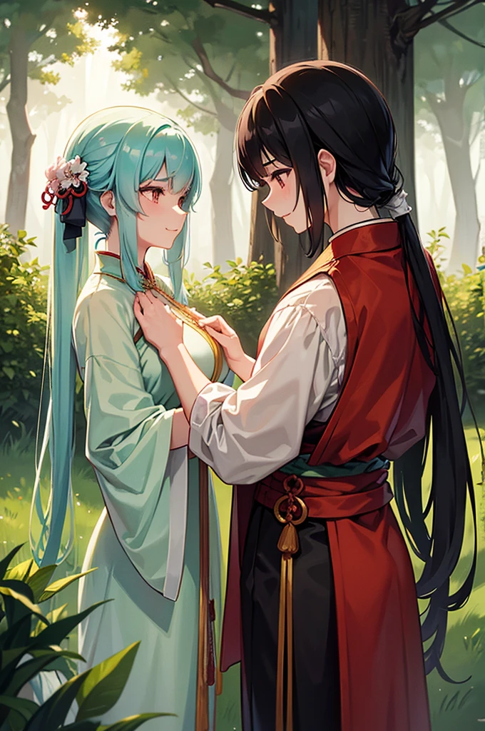 A young couple walking through a misty forest at dawn. The man wears simple, modest attire in earthy tones, while the beautiful young woman is dressed in an elegant white hanfu with delicate red accents, befitting a noble lady. They are engaged in conversation as they stroll side by side along a narrow forest path. Soft morning light filters through the trees, creating a dreamy atmosphere. The scene is set in a traditional wuxia-style world, with ancient Chinese aesthetics. Highly detailed, soft lighting, realistic proportions, and natural poses. Capture the serenity of the early morning and the subtle intimacy between the characters.