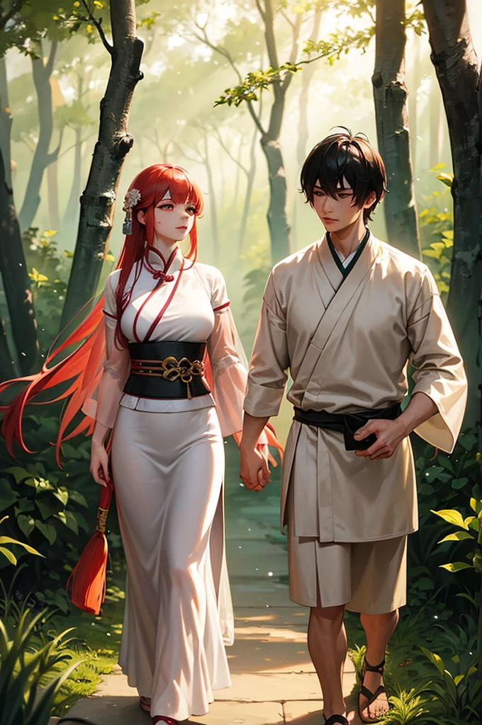 A young couple walking through a misty forest at dawn. The man wears simple, modest attire in earthy tones, while the beautiful young woman is dressed in an elegant white hanfu with delicate red accents, befitting a noble lady. They are engaged in conversation as they stroll side by side along a narrow forest path. Soft morning light filters through the trees, creating a dreamy atmosphere. The scene is set in a traditional wuxia-style world, with ancient Chinese aesthetics. Highly detailed, soft lighting, realistic proportions, and natural poses. Capture the serenity of the early morning and the subtle intimacy between the characters.