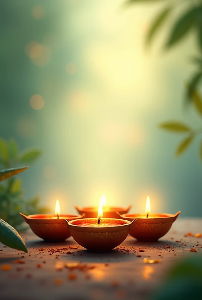 Create an Instagram story design for Niramaya Eco Village celebrating Diwali. The design should prominently feature multipleDiya arranged gracefully, symbolizing Lord ram. Use a natural, eco-friendly color palette with shades of green, blue, and gold. The background should be soft and subtle, allowing the Diya to stand out. Incorporate minimal text, such as 'Happy Diwali,' in an elegant and earthy font. The overall aesthetic should be serene and reflective of nature, emphasizing the village's connection to the environment